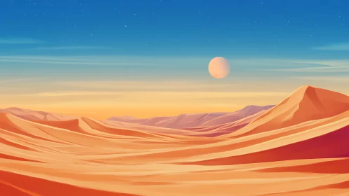 Soft desert dunes under a dreamy twilight planet sky.