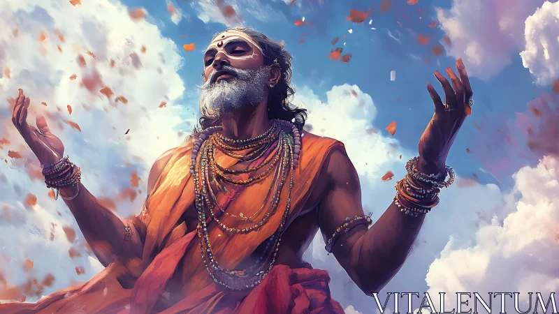 Skyborne mystic in saffron robes greeting drifting petals.