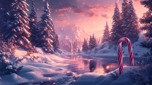 Candy cane river through glowing winter pine forest.