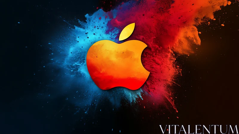 Vibrant apple logo over blue and red color explosion.