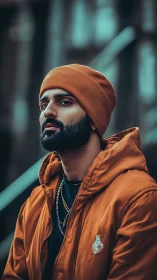 Low‑key urban portrait with shallow depth and teal‑orange grading