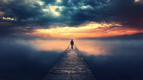 Solitary figure crossing misty pier toward burning horizon.