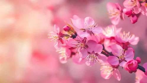 Delicate pink cherry blossoms with golden stamens in sharp macro focus.