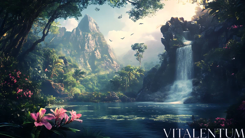 Dense forest valley with waterfall, lake and distant peaks.