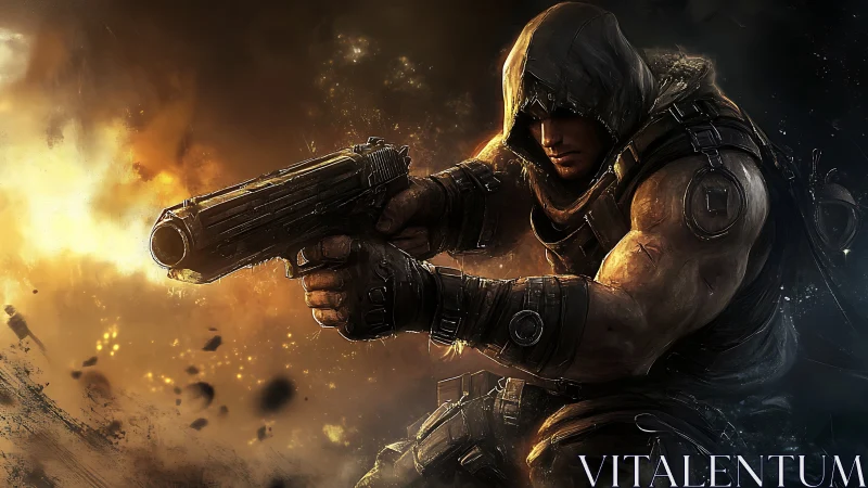 Armored gunner in hooded tactical gear aims through fiery debris field