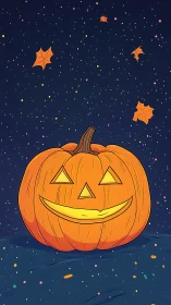 Halloween jack o lantern under starry night sky illustration.