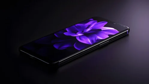 Sleek modern smartphone on dark surface with vivid purple flower display.