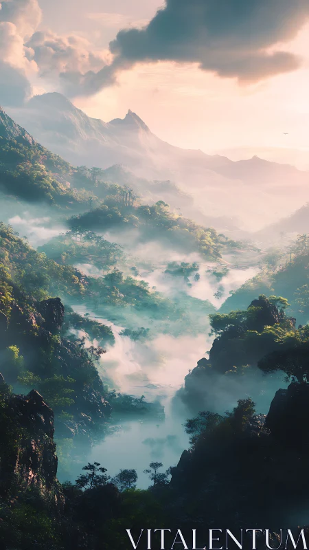 Sunlit mist drifting through peaceful mountain valley.