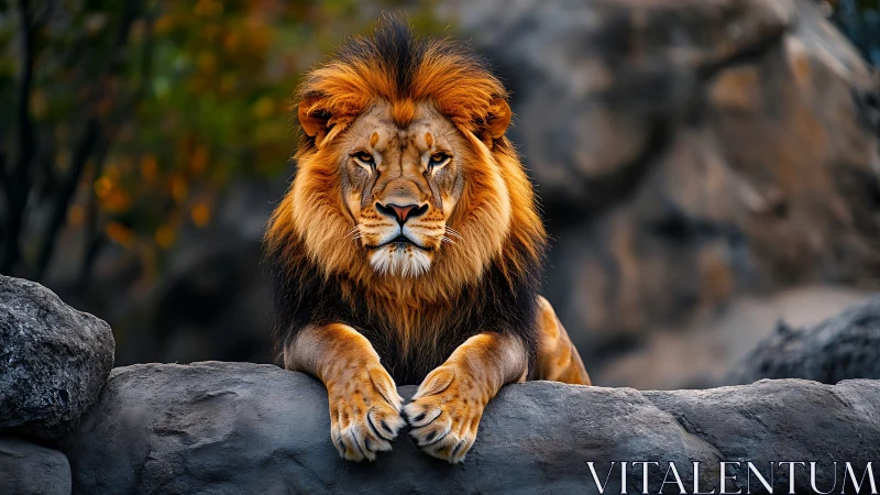 Male lion on rock ledge in controlled rocky habitat.