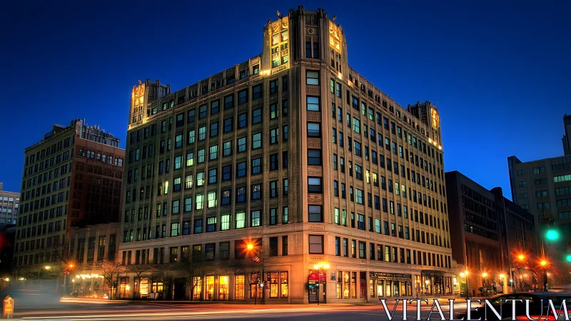 Golden city corner glows against a deep sapphire sky.