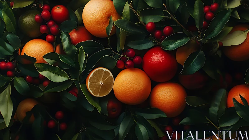 Citrus and red fruits arranged in dense green foliage.