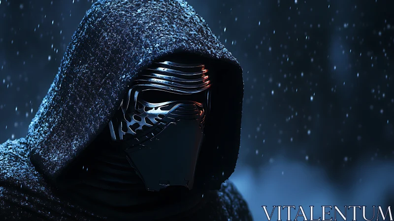 Hooded masked figure in snowy blue night portrait scene.