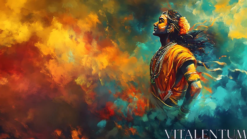 Divine dancer emerging from swirling prismatic clouds.