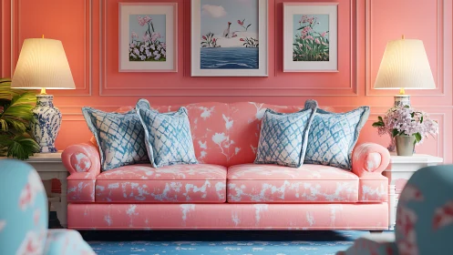 Coral sofa anchors symmetrical coastal living room design.