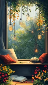 Window seat with cushions, flowers and hanging jar lights