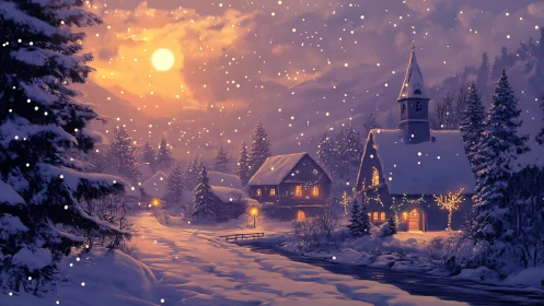 Snowy village evening wrapped in golden winter glow.