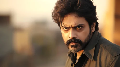 Man with intense stare in warm sunset portrait lighting