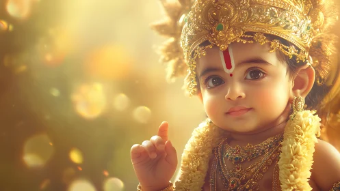 Golden crowned baby in divine glow and gentle quiet wonder.