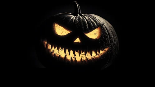 Sinister jack-o-lantern glows against deep black void.