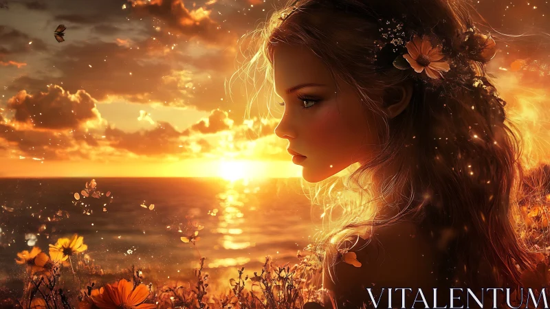 Sunlit sea breeze kisses a dreamy girl in glowing wildflowers