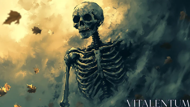 Backlit skeletal figure emerges through swirling autumn haze