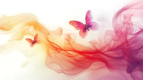 Vibrant pink butterflies glide above swirling chromatic smoke