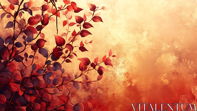 Red foliage branches against textured warm gradient background.
