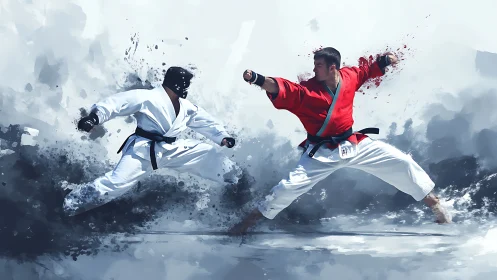 Martial artists engaged in dynamic sparring exchange.