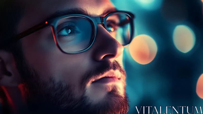 Close-up portrait of man in glasses with neon bokeh light.