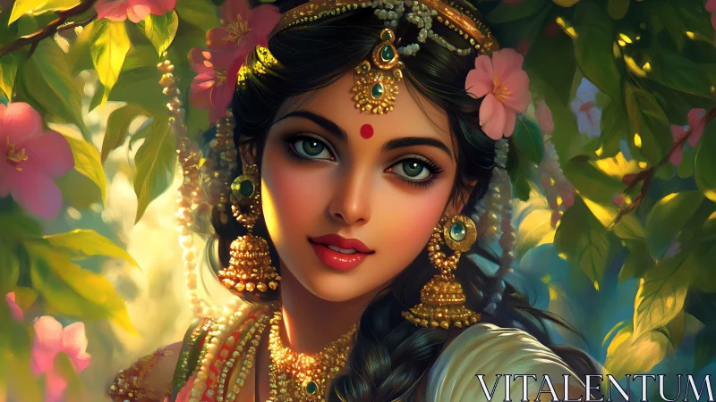 Digital portrait of jeweled Indian woman in sunlit floral grove