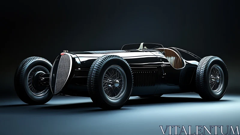 Velvet-black vintage race car glows like midnight thunder.