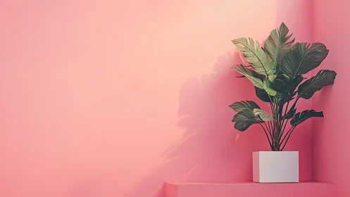 Sunlit tropical leaves pose boldly in a pastel pink corner