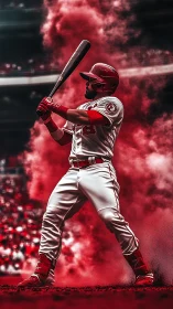 Baseball slugger waits in crimson smoke before powerful swing