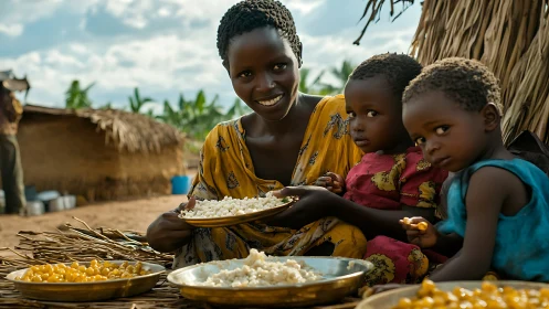 Woman and Children Sharing Meal in African Village.