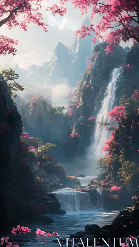 Dream-clad cherry falls in a mist-veiled mountain valley.