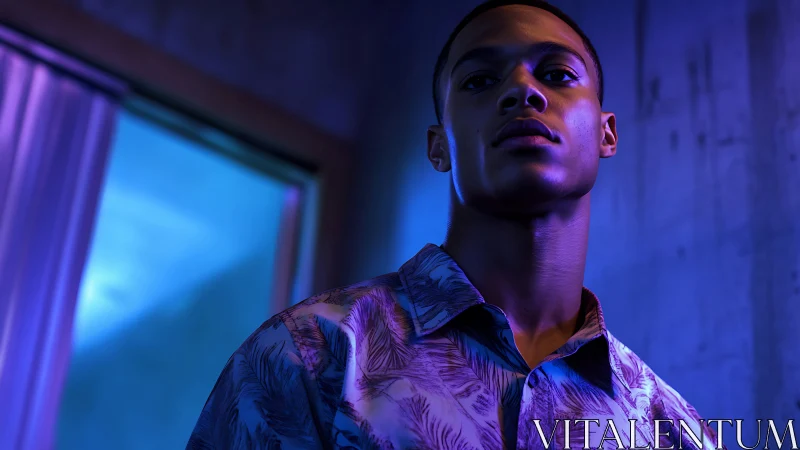 Portrait subject stands in mixed blue and purple artificial light