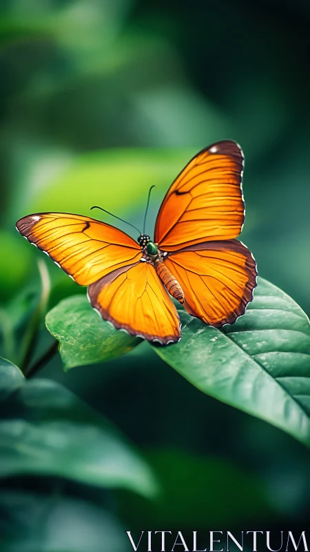 Orange butterfly spreading wings on emerald foliage.