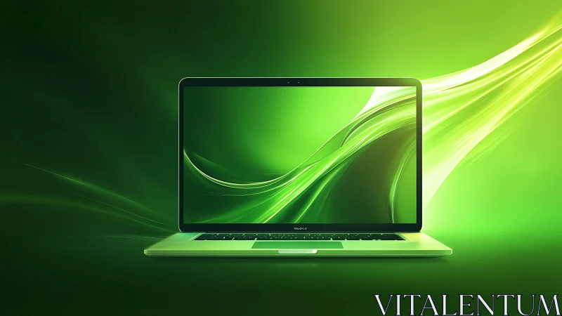 Glowing green laptop screen radiates dynamic energy lines.