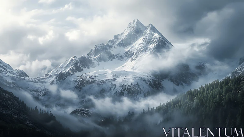 Snowbound alpine peak emerging through swirling valley mists.