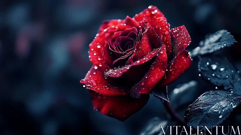 Red rose covered in water droplets with dark bokeh background