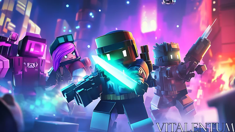 Blocky sci fi warriors advance through neon city battle scene