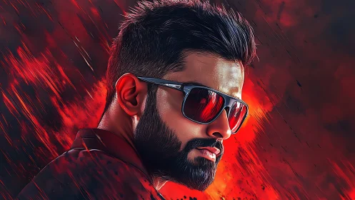Intense bearded portrait in blazing red digital stylization.