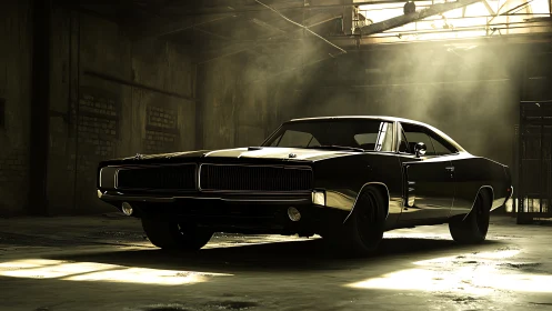 Muscle car profile in cinematic warehouse backlight scene.
