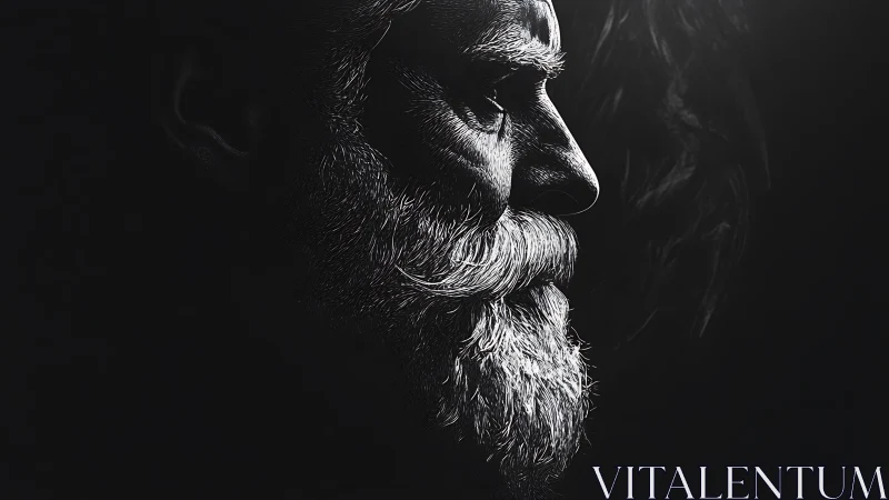 Profile portrait of older bearded man in stark lighting.