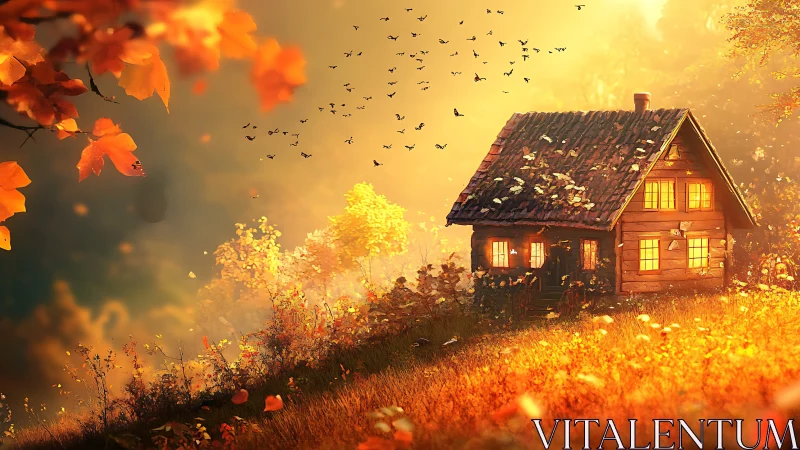 Cozy forest cabin glows warmly in a golden autumn sunset