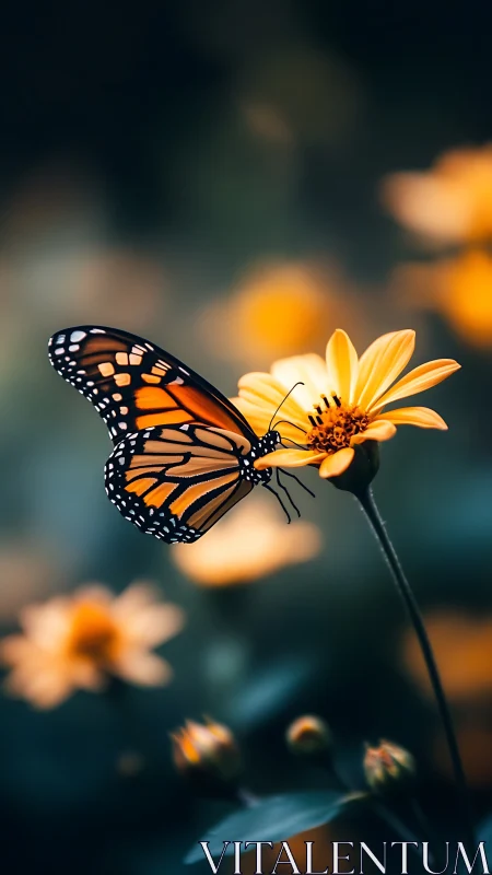Monarch butterfly in shallow-focus bokeh floral portrait.