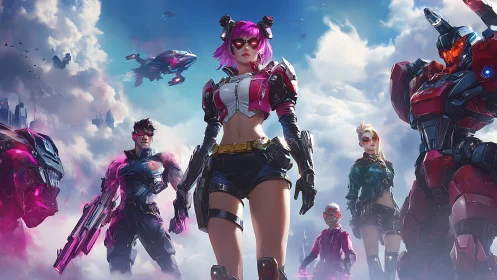 Cybernetic hero squad in neon sci-fi battlefield clouds.