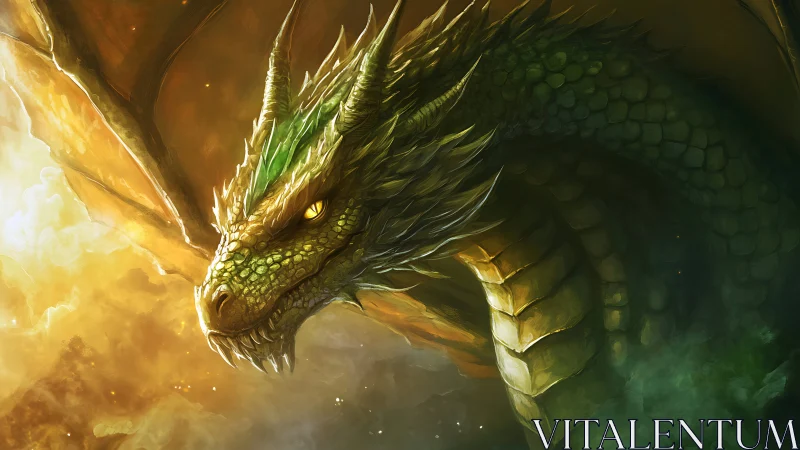 Emerald dragon emerging through molten sunrise clouds.