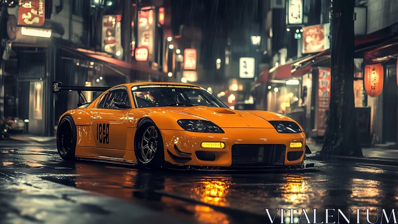 Midnight raindrops crown the low-slung neon hunter car