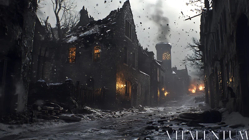 War-torn winter street smolders beneath a bruised sky.